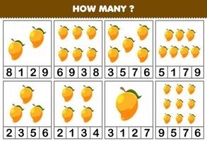 onderwijs spel voor kinderen tellen hoe veel voorwerpen in elk tafel van schattig tekenfilm mango fruit afdrukbare werkblad vector