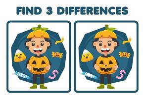 onderwijs spel voor kinderen vind drie verschillen tussen twee schattig tekenfilm pompoen jongen kostuum halloween afdrukbare werkblad vector