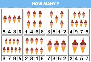 onderwijs spel voor kinderen tellen hoe veel voorwerpen in elk tafel van schattig tekenfilm ijs room afdrukbare werkblad vector