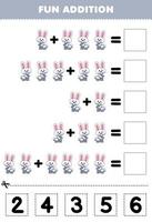 onderwijs spel voor kinderen pret toevoeging door besnoeiing en bij elkaar passen correct aantal voor schattig tekenfilm wit konijn dier afdrukbare werkblad vector