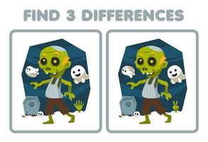 onderwijs spel voor kinderen vind drie verschillen tussen twee schattig tekenfilm zombie kostuum halloween afdrukbare werkblad vector