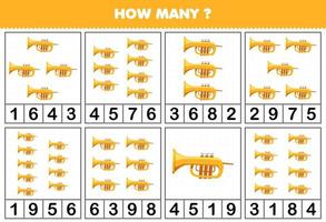 onderwijs spel voor kinderen tellen hoe veel voorwerpen in elk tafel van tekenfilm muziek- instrument trompet afdrukbare werkblad vector