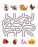 doolhof puzzel spel voor kinderen paar- schattig tekenfilm bij muis tijger kip met de correct voedsel afdrukbare werkblad vector