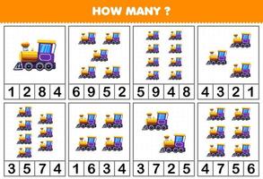 onderwijs spel voor kinderen tellen hoe veel voorwerpen in elk tafel van tekenfilm trein locomotief vervoer voertuig afdrukbare werkblad vector