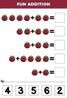onderwijs spel voor kinderen pret toevoeging door besnoeiing en bij elkaar passen correct aantal voor tekenfilm mangisboom fruit afdrukbare werkblad vector