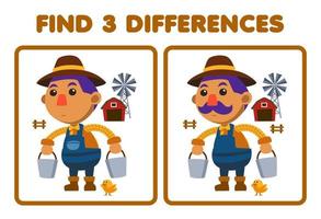 onderwijs spel voor kinderen vind drie verschillen tussen twee schattig tekenfilm boer draag- een emmer in voorkant van de schuur boerderij afdrukbare werkblad vector