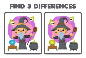 onderwijs spel voor kinderen vind drie verschillen tussen twee schattig tekenfilm tovenaar kostuum halloween afdrukbare werkblad vector