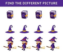 onderwijs spel voor kinderen vind de verschillend afbeelding in elk rij van schattig tekenfilm magie boek hoed heks kostuum halloween afdrukbare werkblad vector