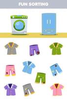 onderwijs spel voor kinderen pret sorteren schoon of vuil pyjama- draagbaar kleren naar het wassen machine of kast afdrukbare werkblad vector