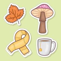 herfst element stickers set, esdoorn- blad, paddestoel, sjaal, koffie vector