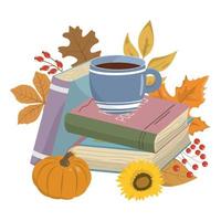 schattig herfst illustratie met boeken, kop koffie of thee, pompoen, en Woud bladeren. geïsoleerd Aan wit achtergrond. ontwerp voor groet kaart of promotionele poster. vector illustratie