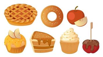 verzameling reeks van voedsel toetje voorwerp van taart bagel kaas taart muffin chocola gedekt appel vector