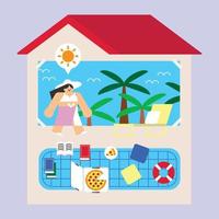 vrouw genieten van staycation vlak ontwerp karakter illustratie vector