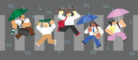 mensen gaan naar werk Aan regenachtig dag vlak ontwerp karakter illustratie vector