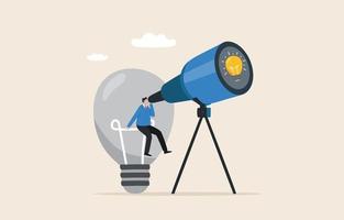 vind nieuw ideeën in bedrijf. nieuw kans, idee of inspiratie. innovatie of creativiteit. een zakenman looks over- een groot camera naar vind licht lamp ideeën. vector