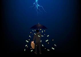 bedrijf bescherming en belasting onderdak net zo een zakenman Holding een stormachtig blauw paraplu en bliksem bovenstaand het is een metafoor voor veiligheid spanning en financieel risico verzachting ideeën. vector