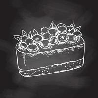 lekker romig zoet dessert. vintage zwart-wit vectorillustratie. hand getrokken schets van heerlijke cake met bosbessen. ontwerp gastronomie productelement. vector
