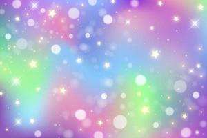 regenboog eenhoorn achtergrond. pastel kleurverloop hemel met glitter en bokeh. magische melkwegruimte en sterren. vector abstract patroon.