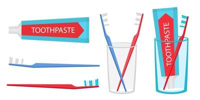verzameling reeks van mondeling hygiëne gereedschap tandpasta tandenborstel mondwater kop vector
