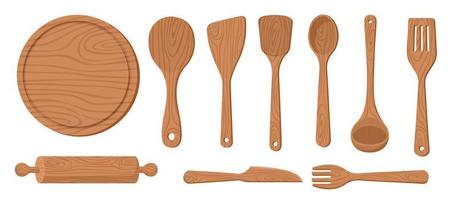 verzameling reeks van houten keukengerei bord snijdend bord vork rijst- spatel lepel rollend pin vector