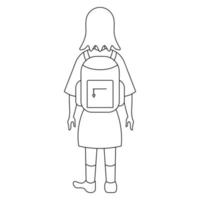 schoolmeisje met leerboek zak gaat naar school, meisje terug visie in tekening stijl vector