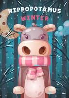 tekenfilm karakter aanbiddelijk dier winter nijlpaard vector