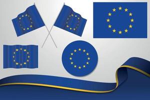 reeks van Europese unie vlaggen in verschillend ontwerpen, icoon, flaying vlaggen en lint met achtergrond. vector