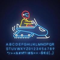 sneeuwscooter neon licht icoon. winter extreem sport, riskant werkzaamheid en avontuur. sneeuwscooter het rijden Aan sneeuw gedekt oppervlak. gloeiend teken met alfabet. vector geïsoleerd illustratie