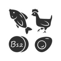 vitamine b12 glyph icoon. vis, gevogelte en ei. gezond aan het eten. cobalamine natuurlijk voedsel bron. gepast voeding. mineralen, antioxidanten. silhouet symbool. negatief ruimte. vector geïsoleerd illustratie