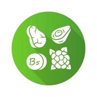 vitamine b5 groen vlak ontwerp lang schaduw glyph icoon. vlees, avocado en bloemkool. gezond aan het eten. pantotheenisch zuur natuurlijk voedsel bron. mineralen, antioxidanten. vector silhouet illustratie