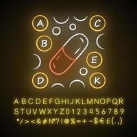 vitamine pillen neon licht icoon. a, b, c, d, e, k multi vitamines complex. multivitamine medicatie. vitaal mineralen. gloeiend teken met alfabet, getallen en symbolen. vector geïsoleerd illustratie