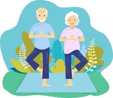 een vector illustratie van senior paar aan het doen yoga oefening. senior paar aan het doen yoga oefening. opa en grootmoeder staand in yoga houding