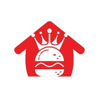 hamburger koning vector logo ontwerp. hamburger met kroon en snor met huis vorm icoon logo concept.