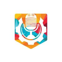 uitrusting podcast vector logo ontwerp sjabloon. tand wiel en mic icoon ontwerp.