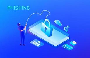 phishing-zwendel, hacker-misdaadaanval en beveiligingsconcept voor persoonlijke gegevens. hacker probeert de sleutel en het phishing-account te ontgrendelen en het wachtwoord te stelen. cyberbeveiliging vectorillustratie vector