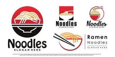 reeks van ramen noodle icoon logo ontwerp bundel met schaal, eetstokje en creatief concept premie vector