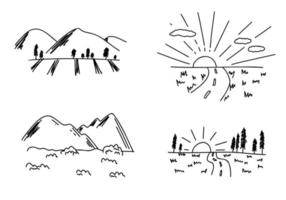 tekening schattig bergen, natuur, wandeltocht, geïsoleerd lijn logo verzameling. hand- getrokken vector illustraties ochtend- en zonsondergang set.