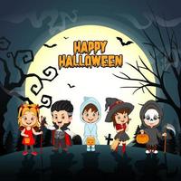 groep van kinderen in halloween kostuum in de maanlicht vector