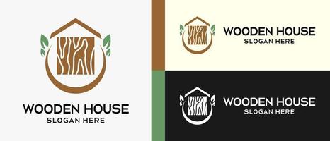 houten huis logo met premie vector creatief elementen. huis icoon en bladeren in cirkel. vector illustratie