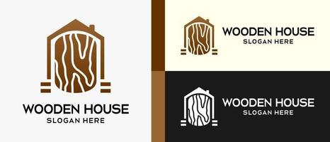 houten huis logo met premie vector creatief elementen. huis icoon met hout motief elementen. vector illustratie