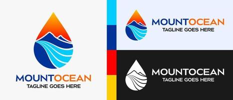 bergen en zee ontwerp logo sjabloon. icoon van bergen en zee of meer in water druppels. buitenshuis logo vector illustratie.