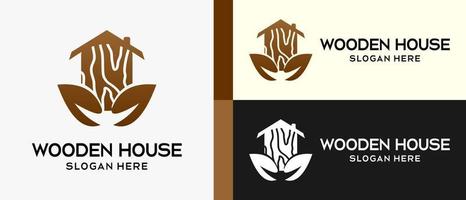 houten huis logo met premie vector creatief elementen. huis en blad icoon. vector illustratie