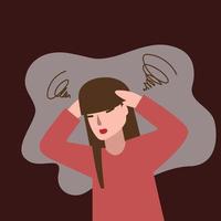 een vrouw houdt hoofd omdat van hoofdpijn of ziekte. vector illustratie