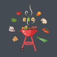 bbq uitnodiging. bbq achtergrond met koperslager, grill, steaks, vlees voedsel, gegrild groenten. barbecue partij kaart sjabloon. vector tekenfilm banier voor barbecue zomer picknick