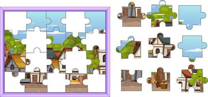 oud dorp foto decoupeerzaag puzzel spel sjabloon vector