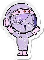 verontruste sticker van een cartoon lachend astronautenmeisje vector