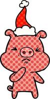 stripboekstijlillustratie van een boos varken met een kerstmuts vector