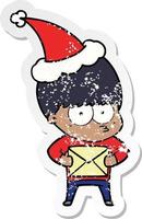 nerveus verontruste sticker cartoon van een jongen die een kerstmuts draagt vector