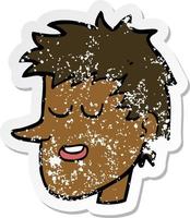 retro noodlijdende sticker van een cartoon blij jongensgezicht vector