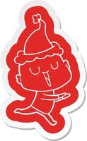 happy cartoon sticker van een kale man met een kerstmuts vector
